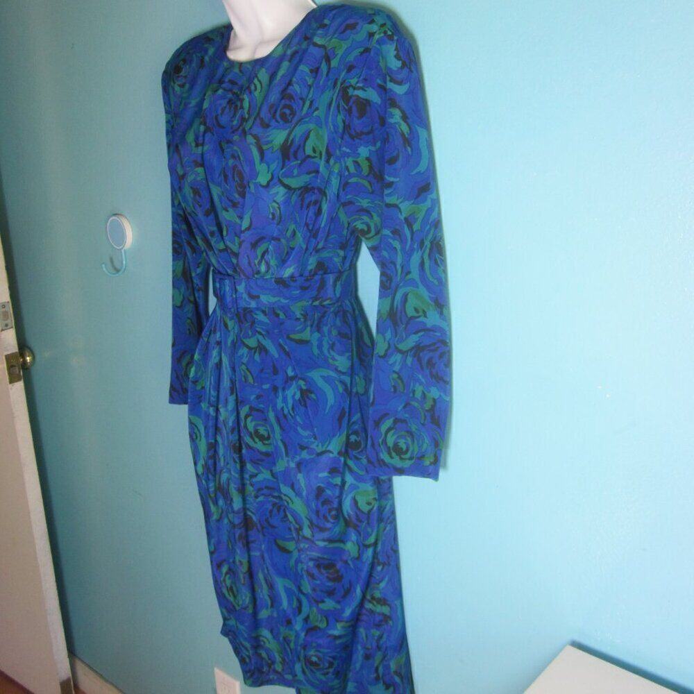 VINTAGE 80's Papell Petites Blue Floral Dress Size 6 Long Sleeve & Shoulderpads
